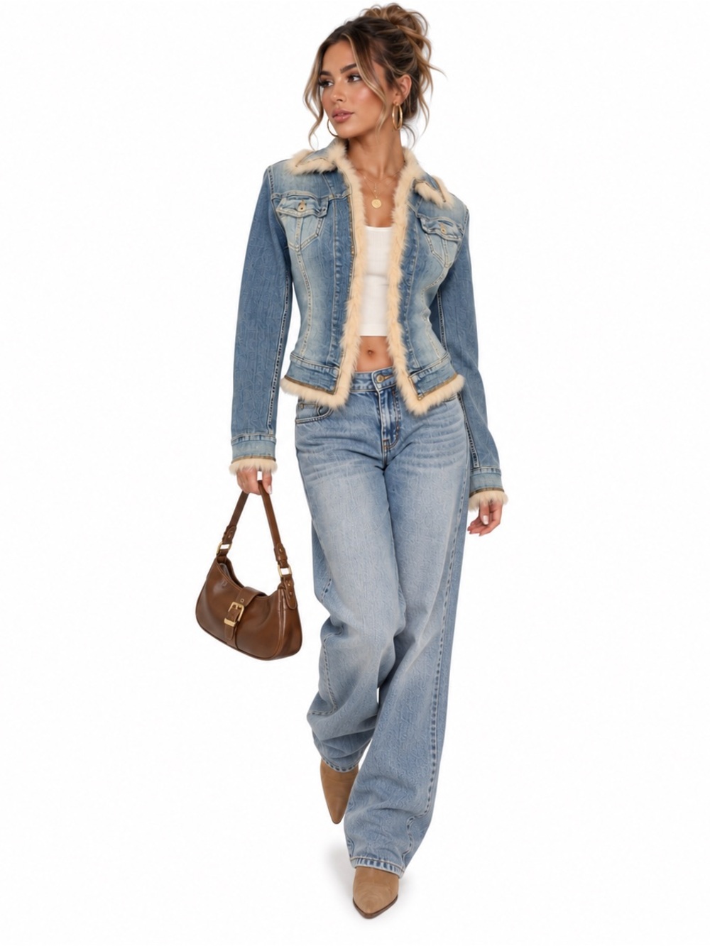 Vintage Y2K ABS Women's Blue Jean Jacket Faux Fur Trim Petite P Rare
